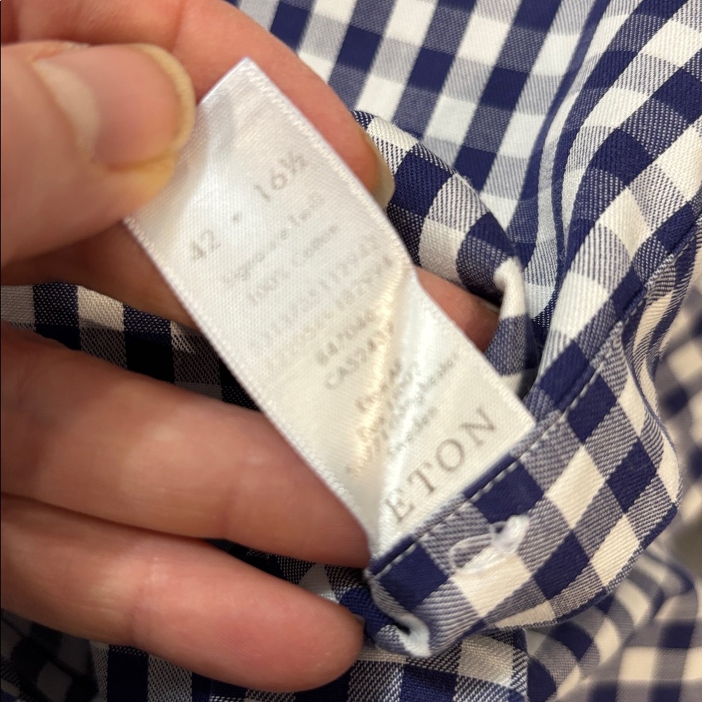 Eton Navy White Gingham Dress Shirt 16.5 Slim Fit Cotton Luxury Check - Picture 13 of 14